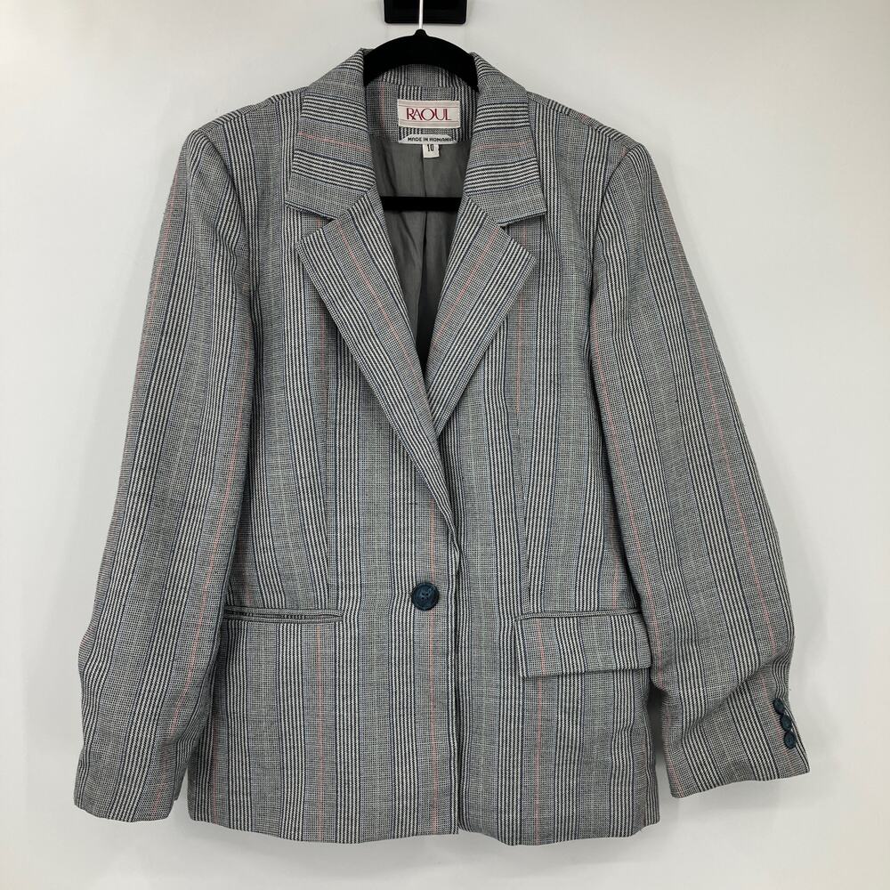 Vintage Raoul Gray Black Glen Check Plaid Single Button Oversized Blazer Jacket